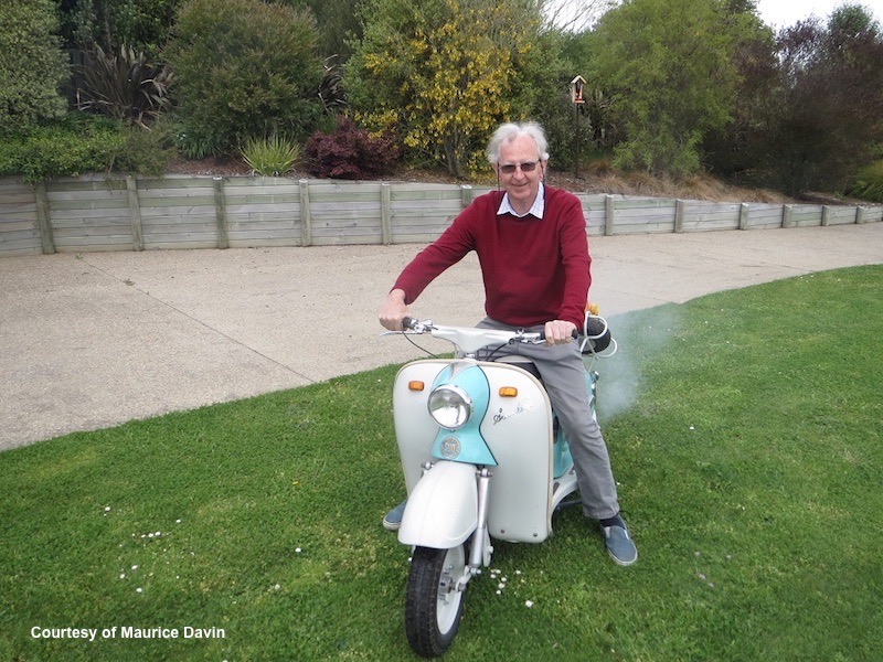 Maurice riding 1959 Sun Wasp scooter NZ Oct 2019